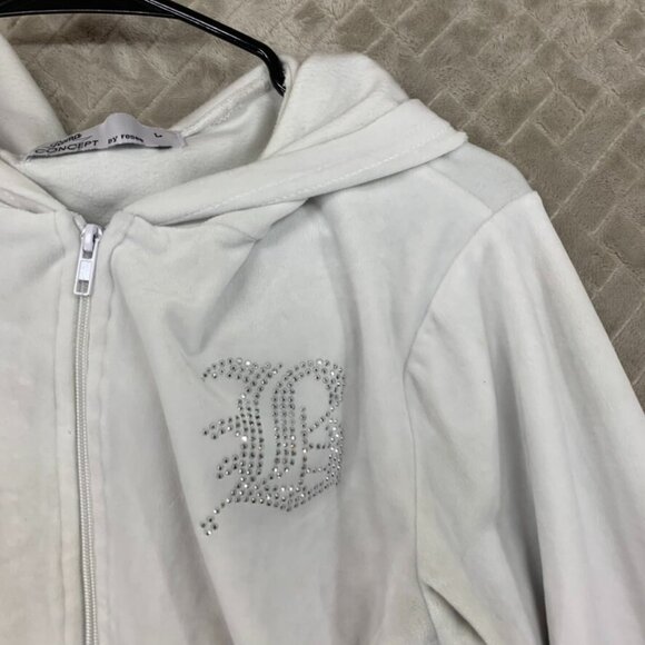 Roma Concept Womens L Hoodie Sweatshirt White Velour Cropped Full Zip Rhinestone - Picture 5 of 16